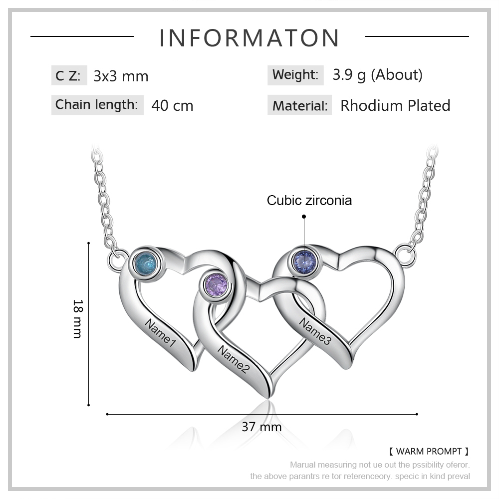 Personalised Heart Necklace With 3 Birthstones Engraved Names Gift For Her-Jessemade AU