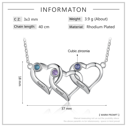 Personalised Heart Necklace With 3 Birthstones Engraved Names Gift For Her-Jessemade AU