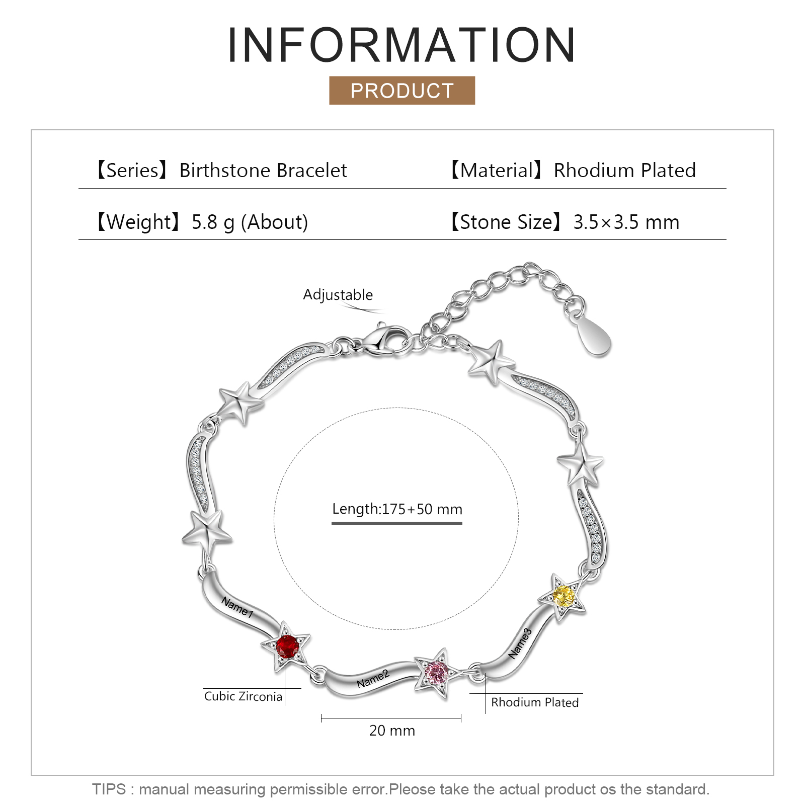 Personalised Star Bracelet With 3 Birthstones Custom Names Bracelet Gift For Women-Jessemade AU