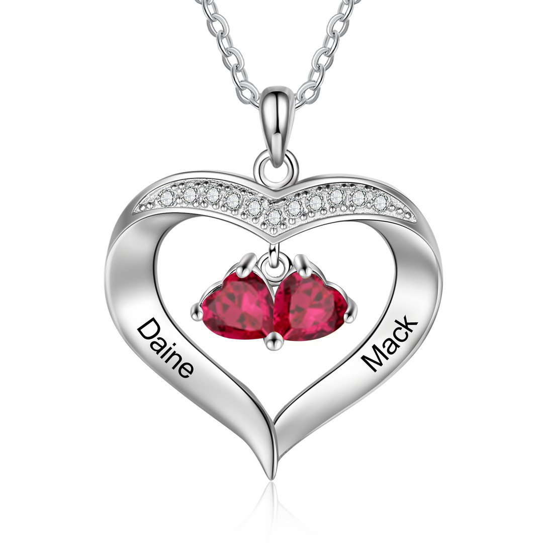 Personalised Heart Pendant Necklace with 2 Birthstones Engraved Names Family Necklace Gifts for Her-Jessemade AU