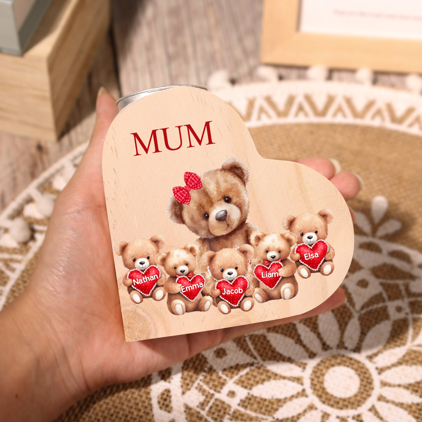 Personalised 5 Names & 1 Text Candle Holder Teddy Bear Wooden Candlestick Gifts for Grandma/Mother-Jessemade AU