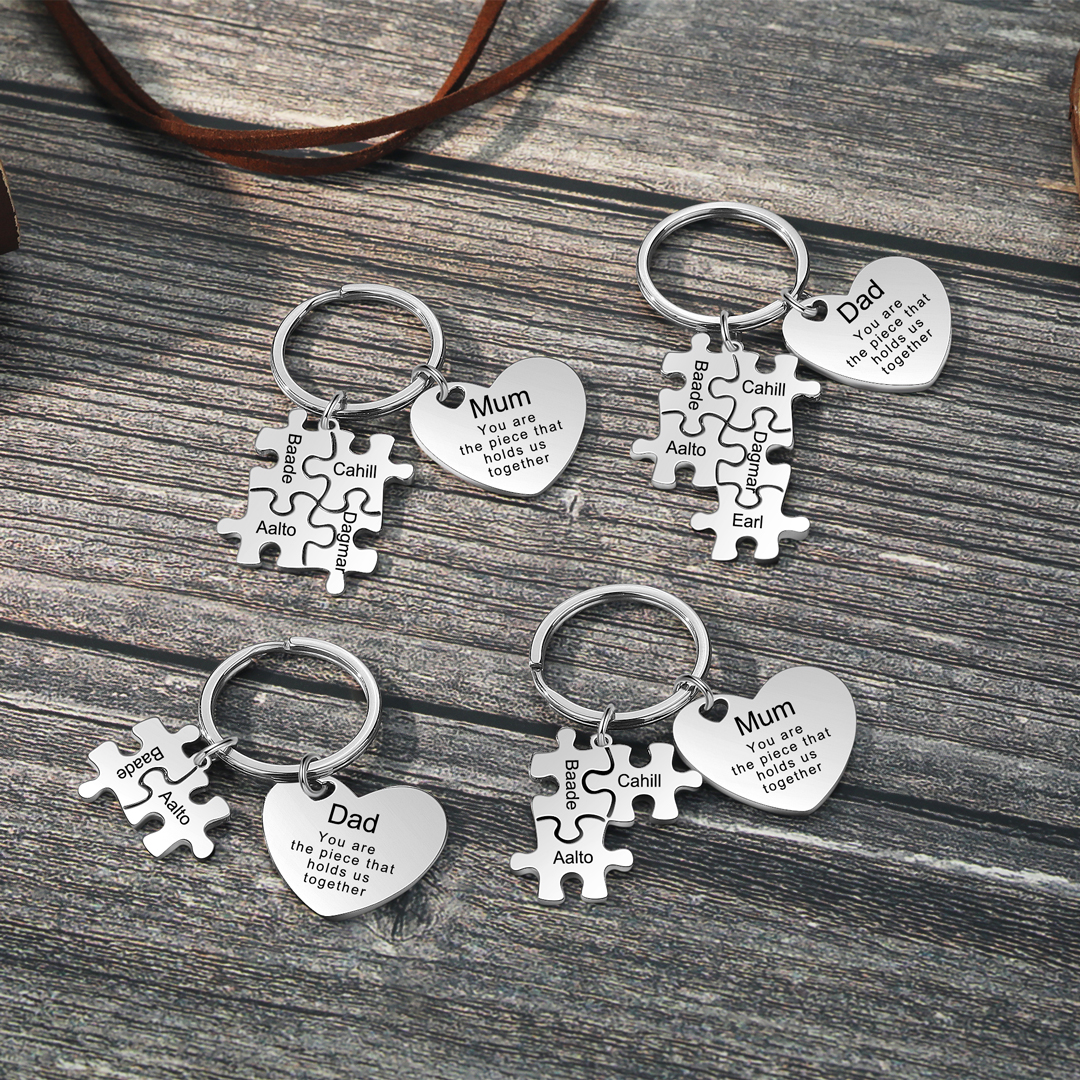 3 Names - Personalised Puzzle Pieces Keychain Custom 1 Text Heart Keychain Gifts For Dad/Mom-Jessemade AU