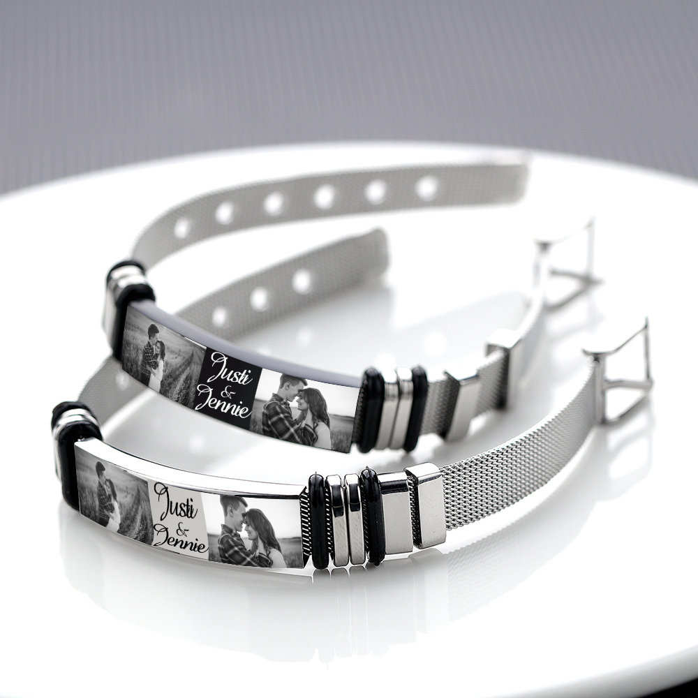 Personalised ID Bar Bracelet Engraved 2 Photos Men Women Bracelet-Jessemade AU