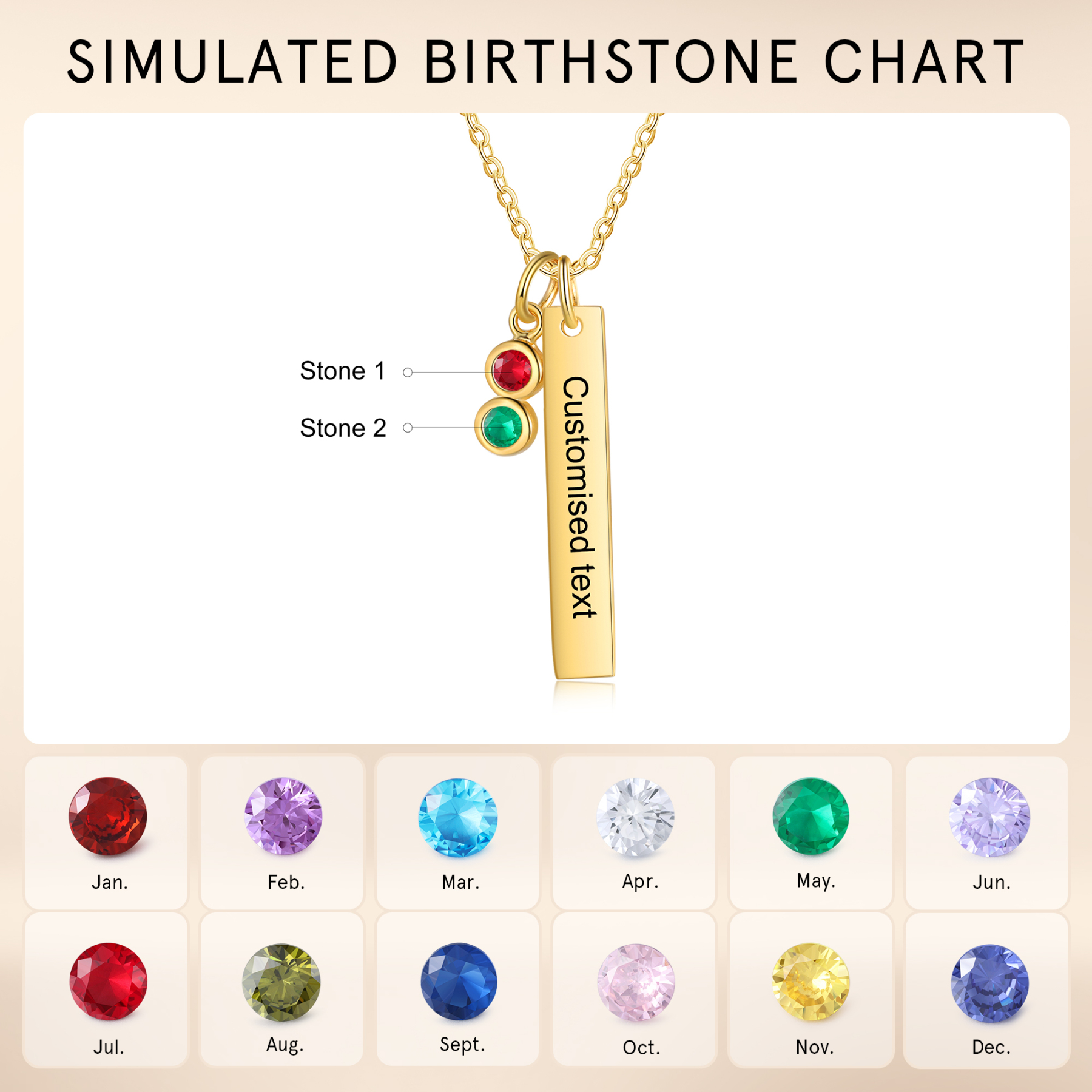 Personalised Bar Pendant Necklace Custom 2 Birthstones & 1 Text Necklace Birthday Gift for Her-Jessemade AU