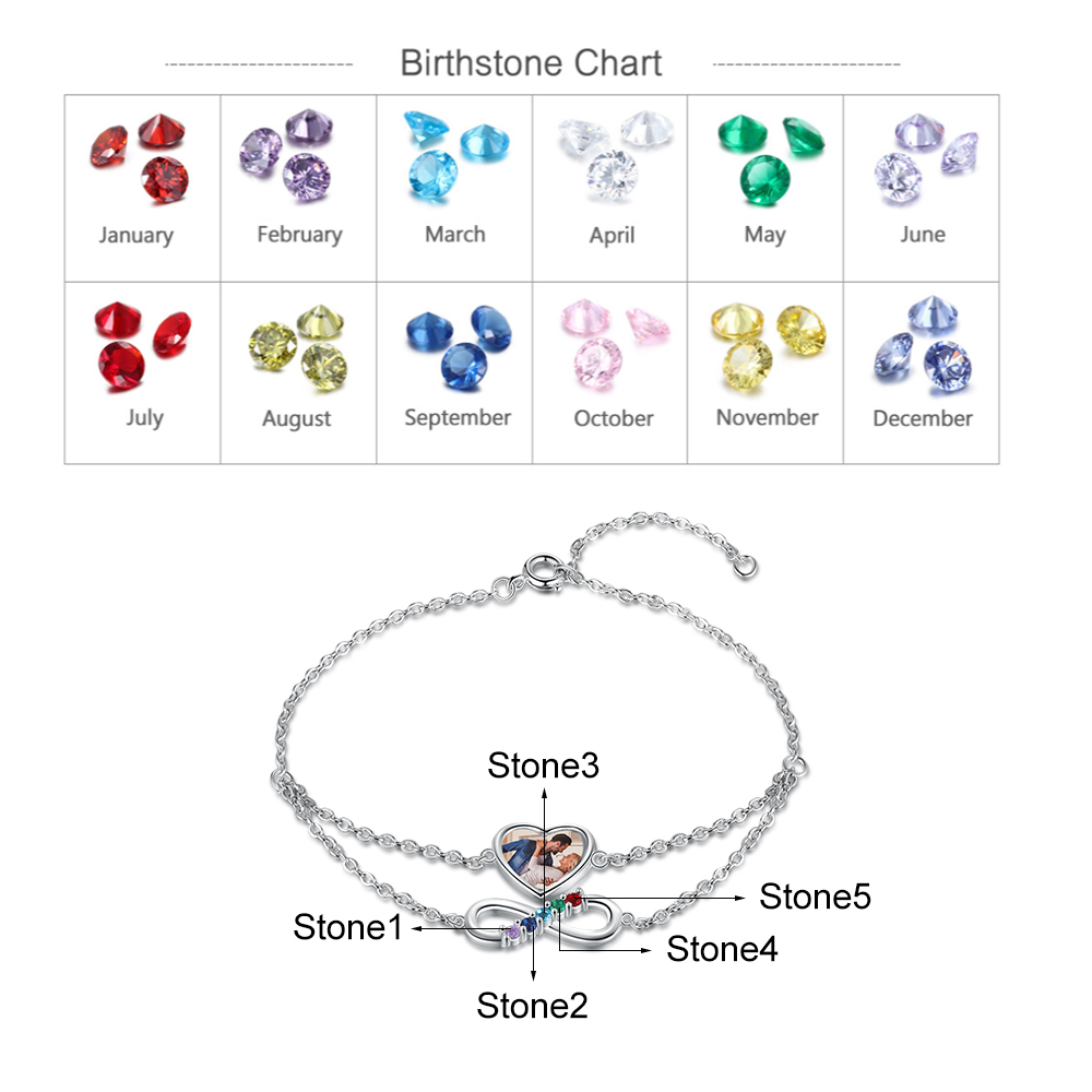 Personalised Heart Photo Bracelet With 5 Birthstones Custom Photo Bracelet Gifts For Her-Jessemade AU