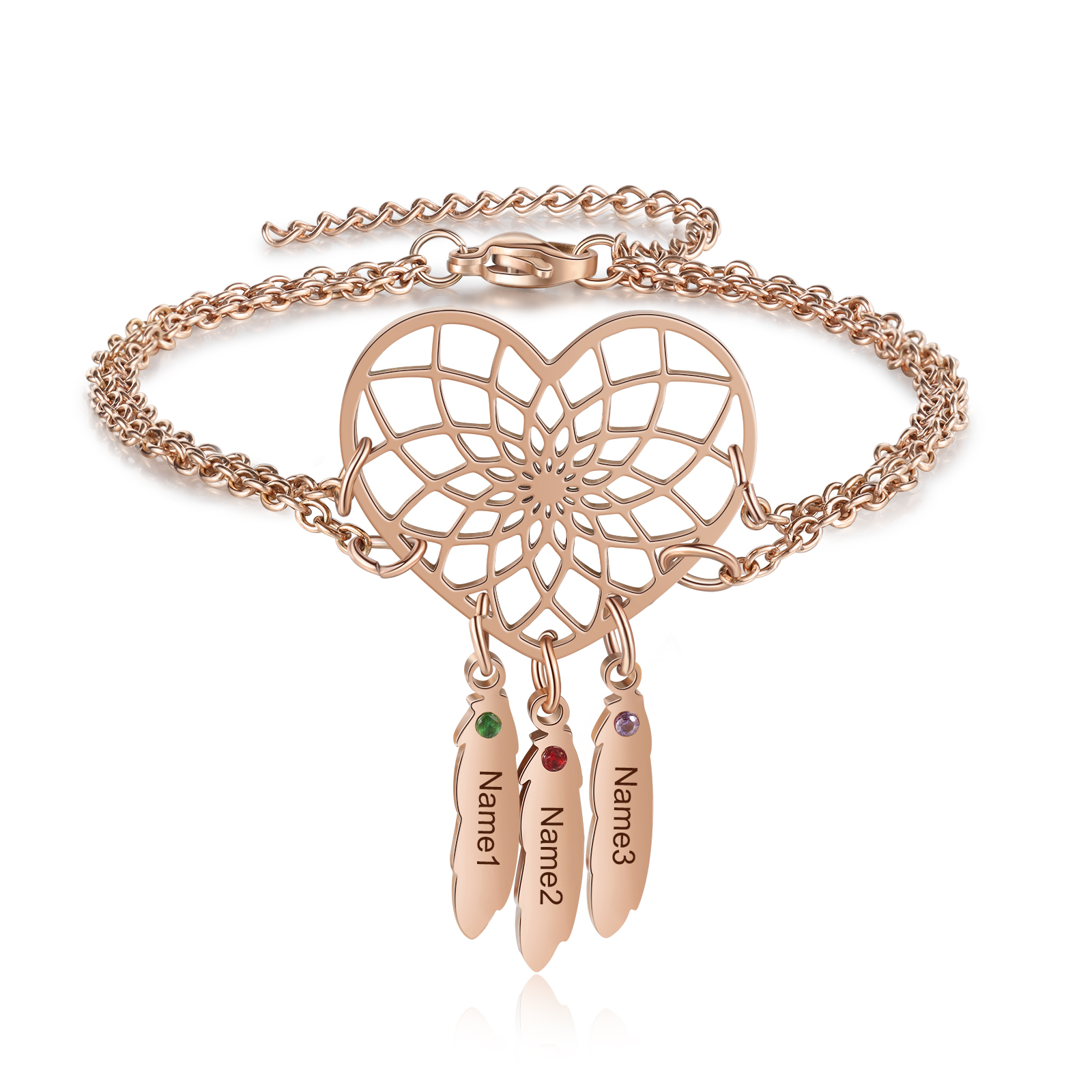 Personalised Heart Dream Catcher Bracelet with Birthstones Engrave 3 Names Gifts For Her-Jessemade AU