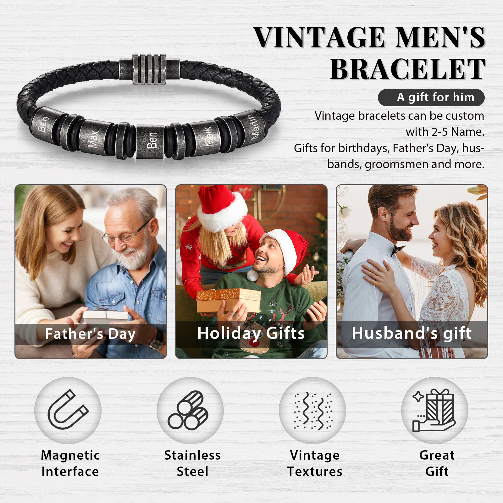 5 Names - Personalised Men's Leather Bracelet Custom Name Braided Bracelet Vintage Gift for Him-Jessemade AU