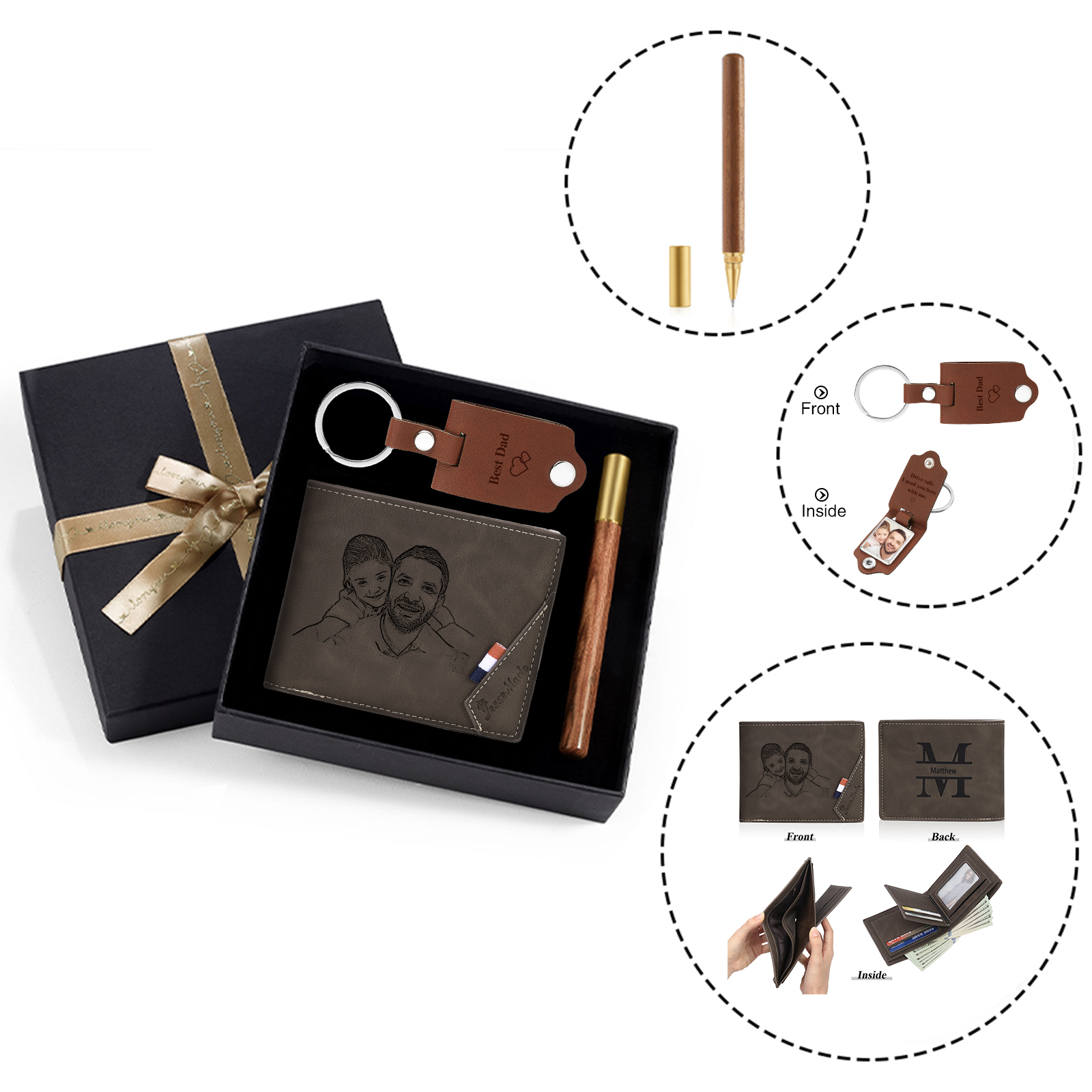 Personalised 2 Texts & 2 Photos & 1 Name & 1 Letter Gift Set Custom Wallet & Keychain & Pen Gift Box Set Gift for Father/Grandpa-Jessemade AU