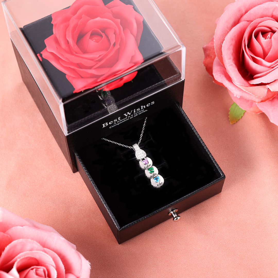 Custom Family Necklace Cascading Pendant with 3 Birthstones Engraving 3 Names Gifts for Her-Jessemade AU