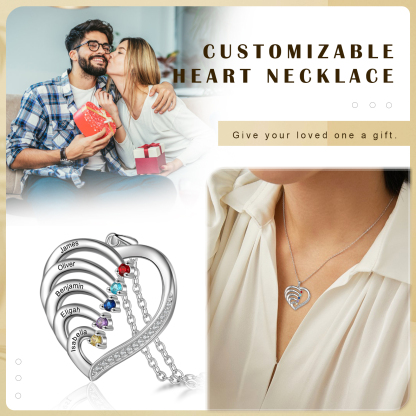 Personalised Mother Necklace 5 Stones Engraved 5 Names Birthstone Intertwined Heart Pendant Gifts for Her-Jessemade AU