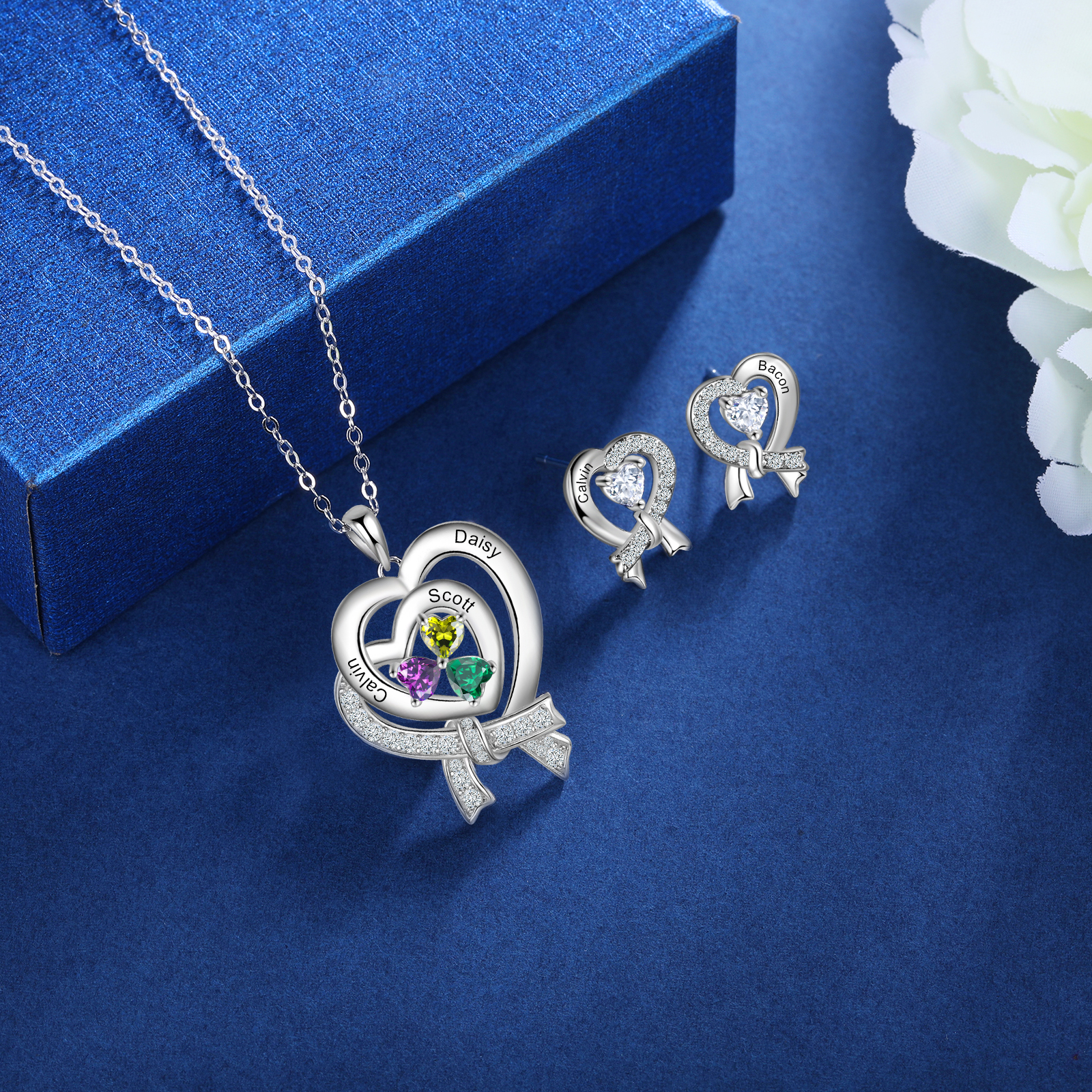 Personalised Heart Necklace With 3 Birthstones Custom Names Best Gift For Women-Jessemade AU