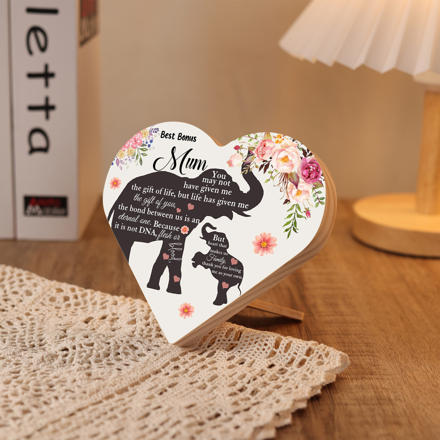 To My Best Bonus Mum Wooden Flowers Heart Keepsake Desktop Ornament "Thank You for Loving Me As Your Own"-Jessemade AU