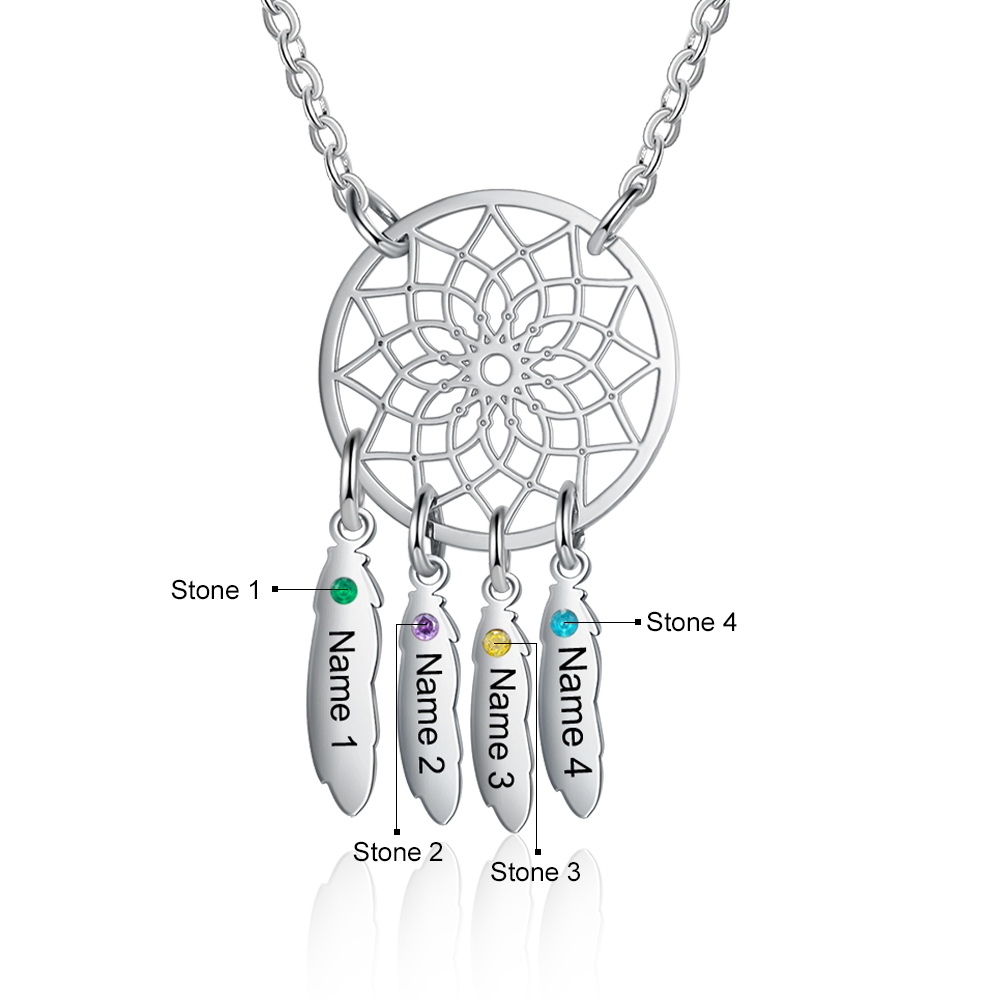 Personalised Dream Catcher Necklace With 4 Birthstones Engraved Names Gift For Women-Jessemade AU