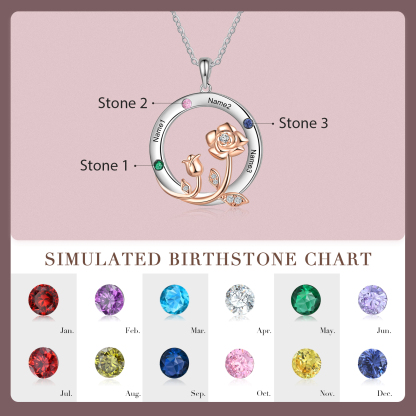 Personalised Rose Flowers Necklace With 3 Birthstones Engraved Names Necklace Gift For Women-Jessemade AU