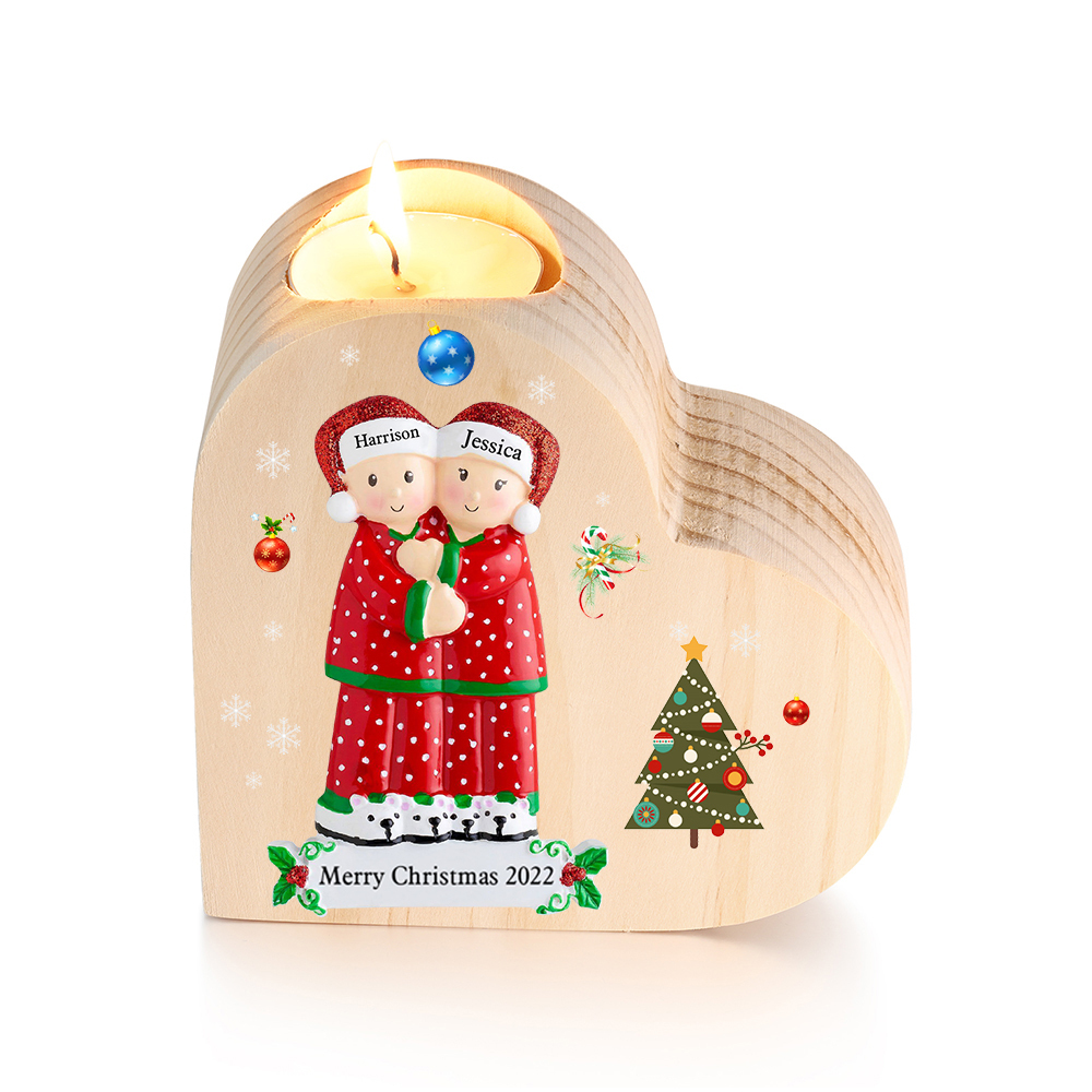 Christmas Family Candle Holder Wooden Custom 2 Names Heart Candlesticks Gifts For Family-Jessemade AU