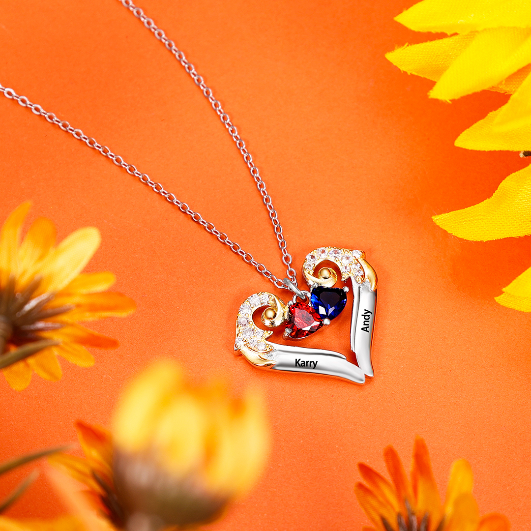 Personalised Heart Wings Necklace With 2 Birthstones Engraved Names Best Gift For Her-Jessemade AU