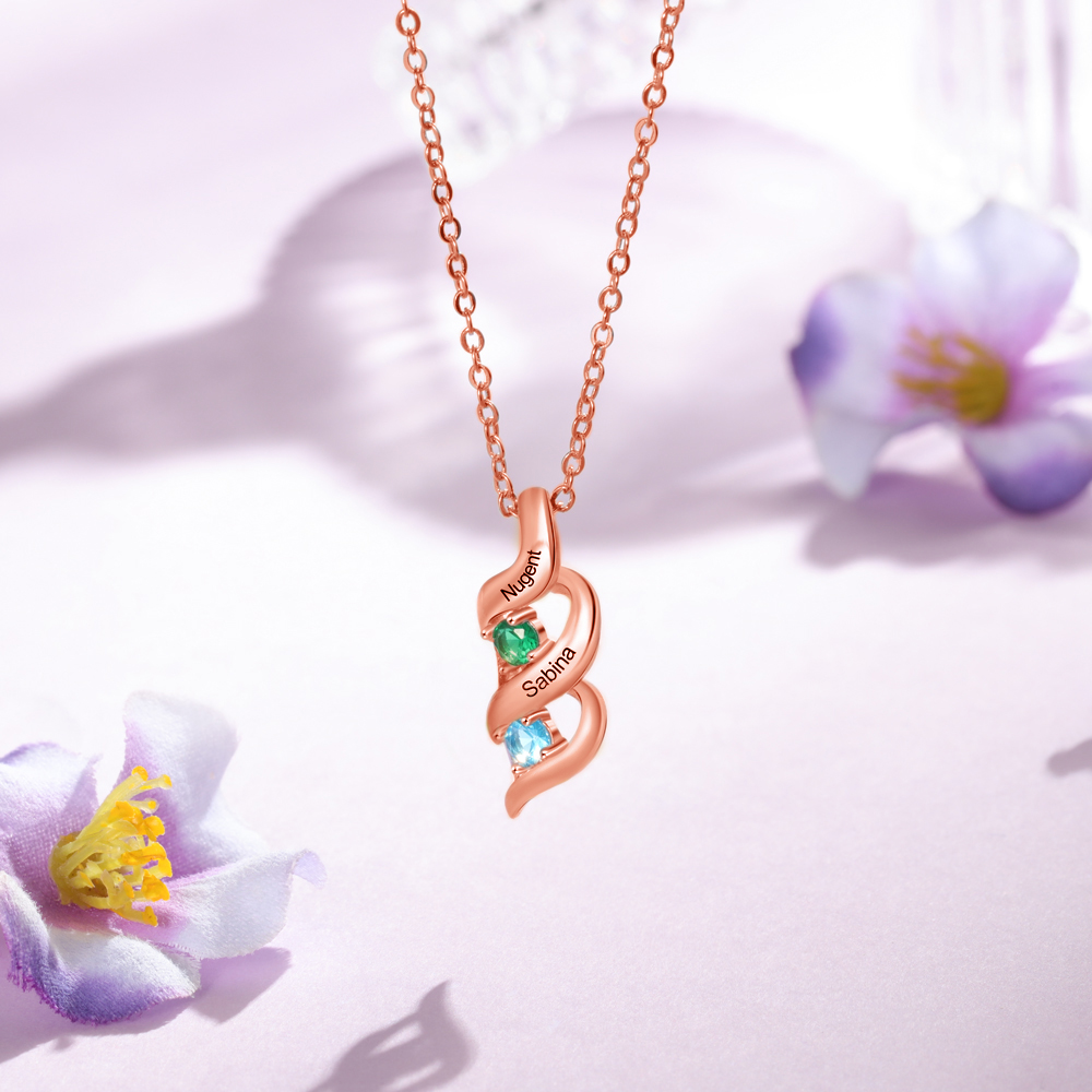 Personalised Necklace Cascading Pendant with 2 Birthstones Engraving 2 Names Gifts for Her-Jessemade AU
