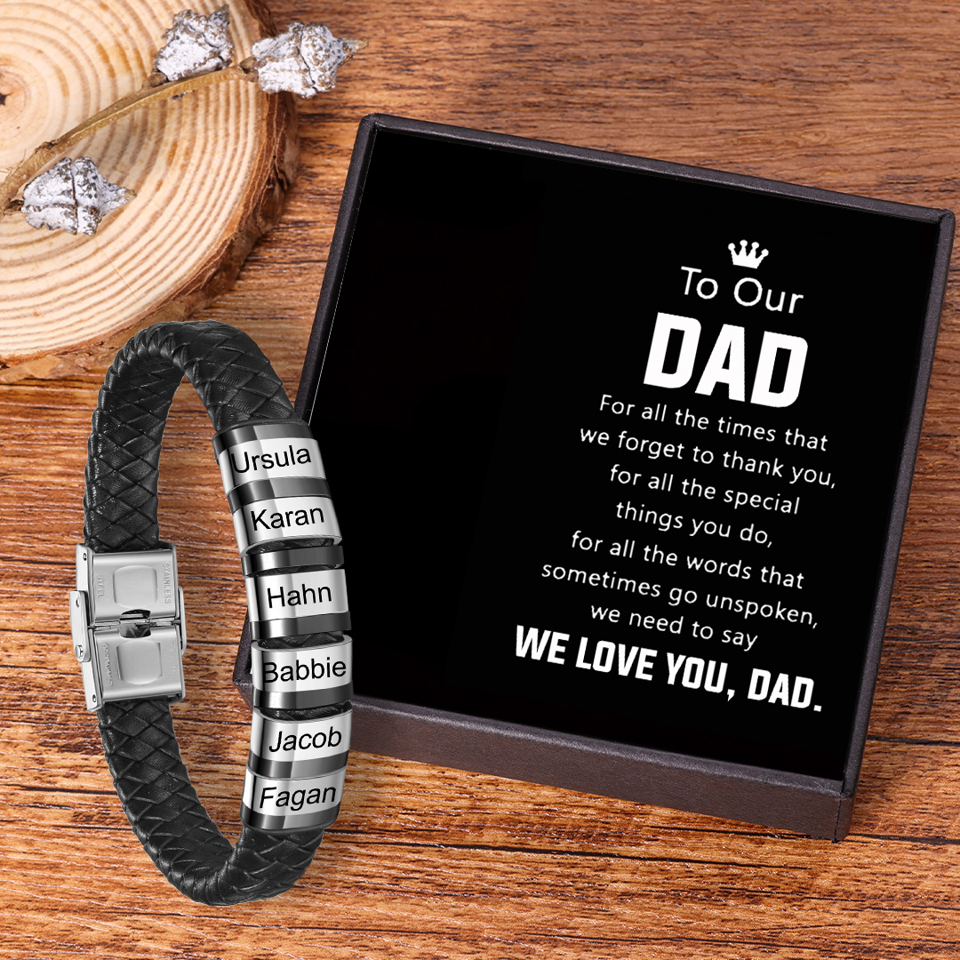 Men Leather Bracelet with 6 Beads Engraved Names Custom Bracelet For Dad-Jessemade AU