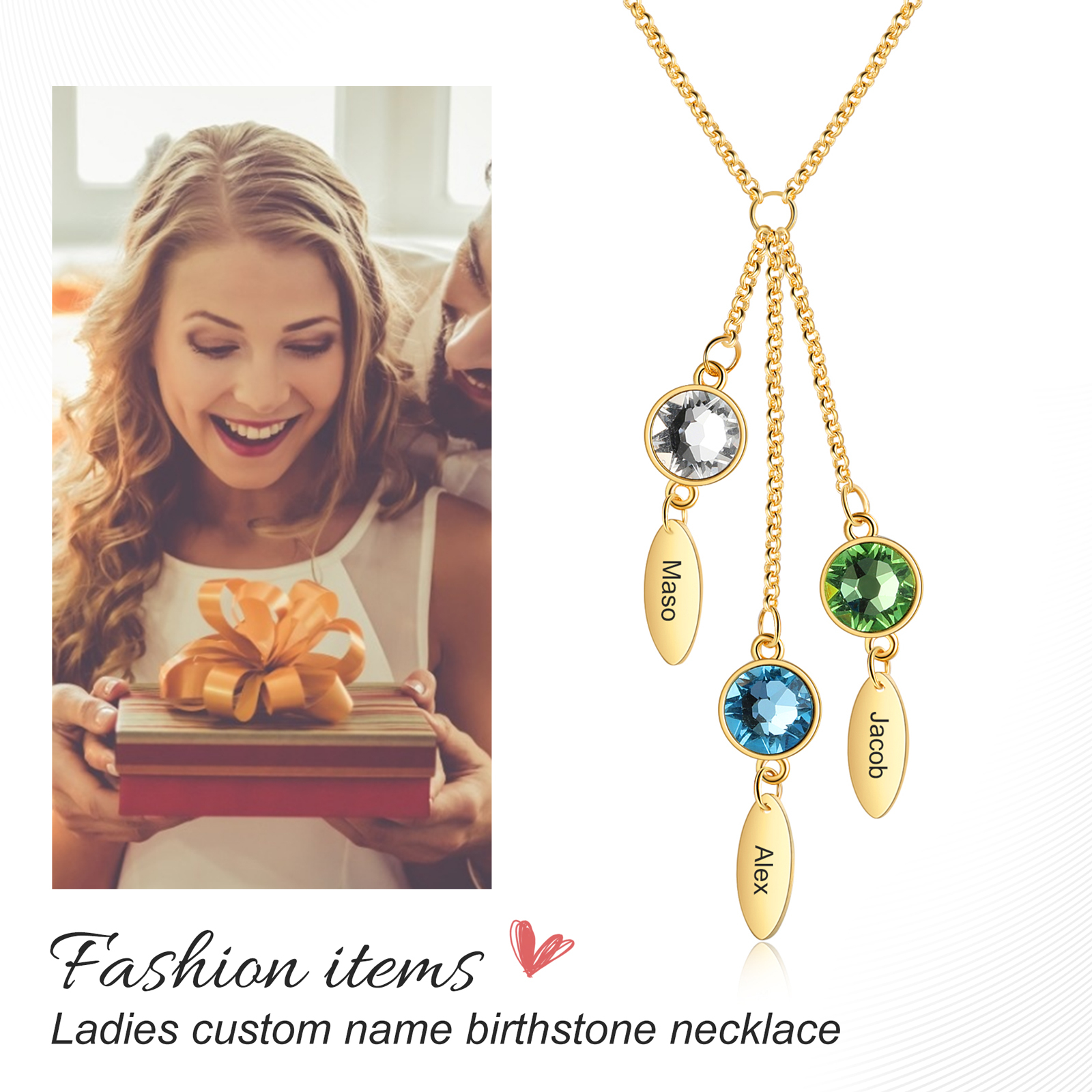 Personalised Bar Necklace With 3 Birthstones Engraved Names Necklace Best Gift For Mother-Jessemade AU