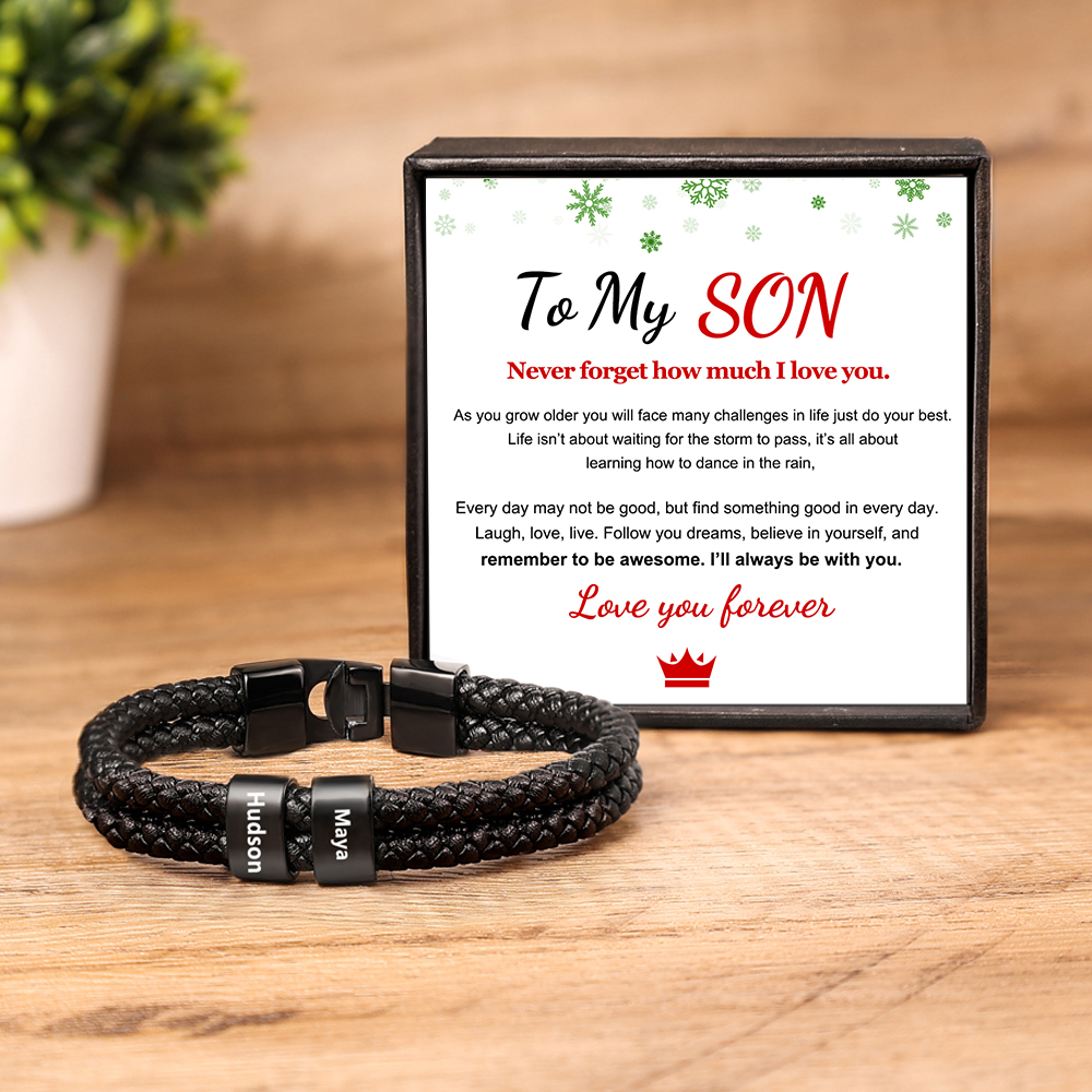 Personalised Braided Leather Bracelet Engraved 2 Names Men's Bracelet for Him