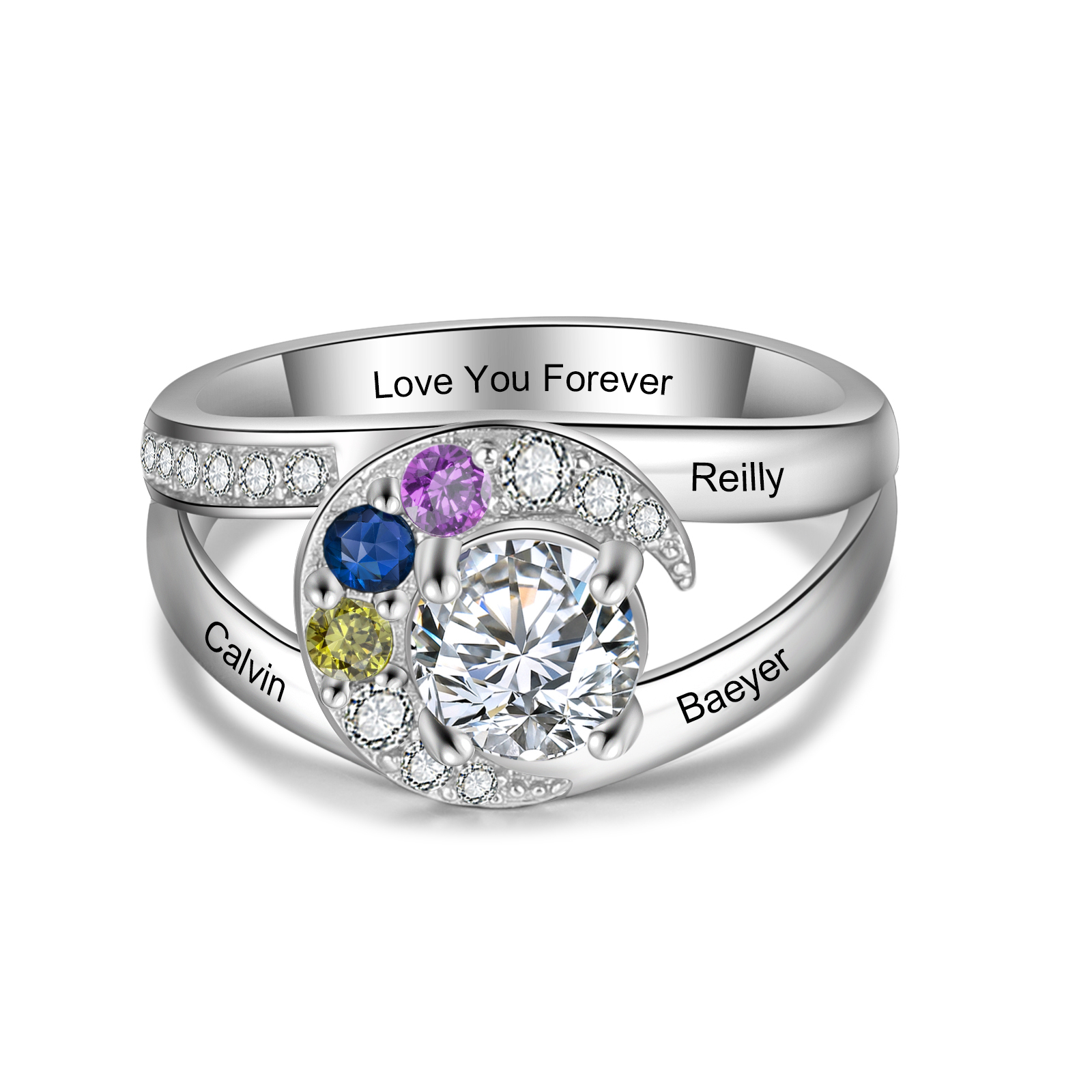Personalised Moon Star Ring With 3 Birthstones Custom Names Best Gift For Women-Jessemade AU