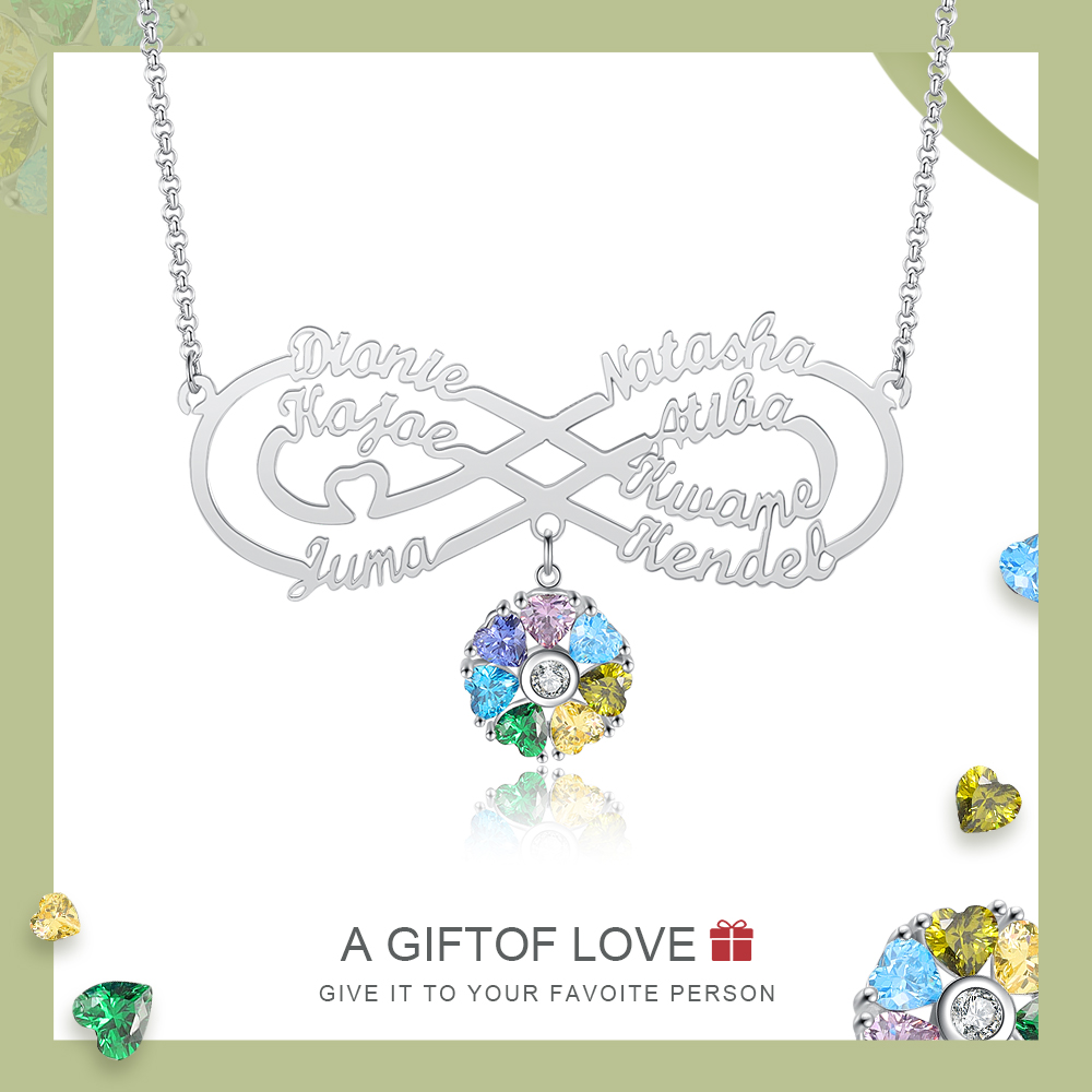 Personalised Infinity Necklace With 7 Birthstones Engraved Names Necklace Gift For Women-Jessemade AU