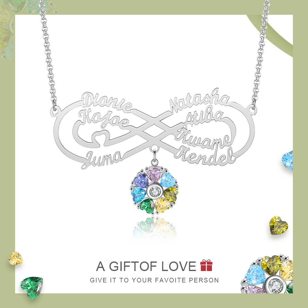 Personalised Infinity Necklace With 7 Birthstones Engraved Names Necklace Gift For Women-Jessemade AU