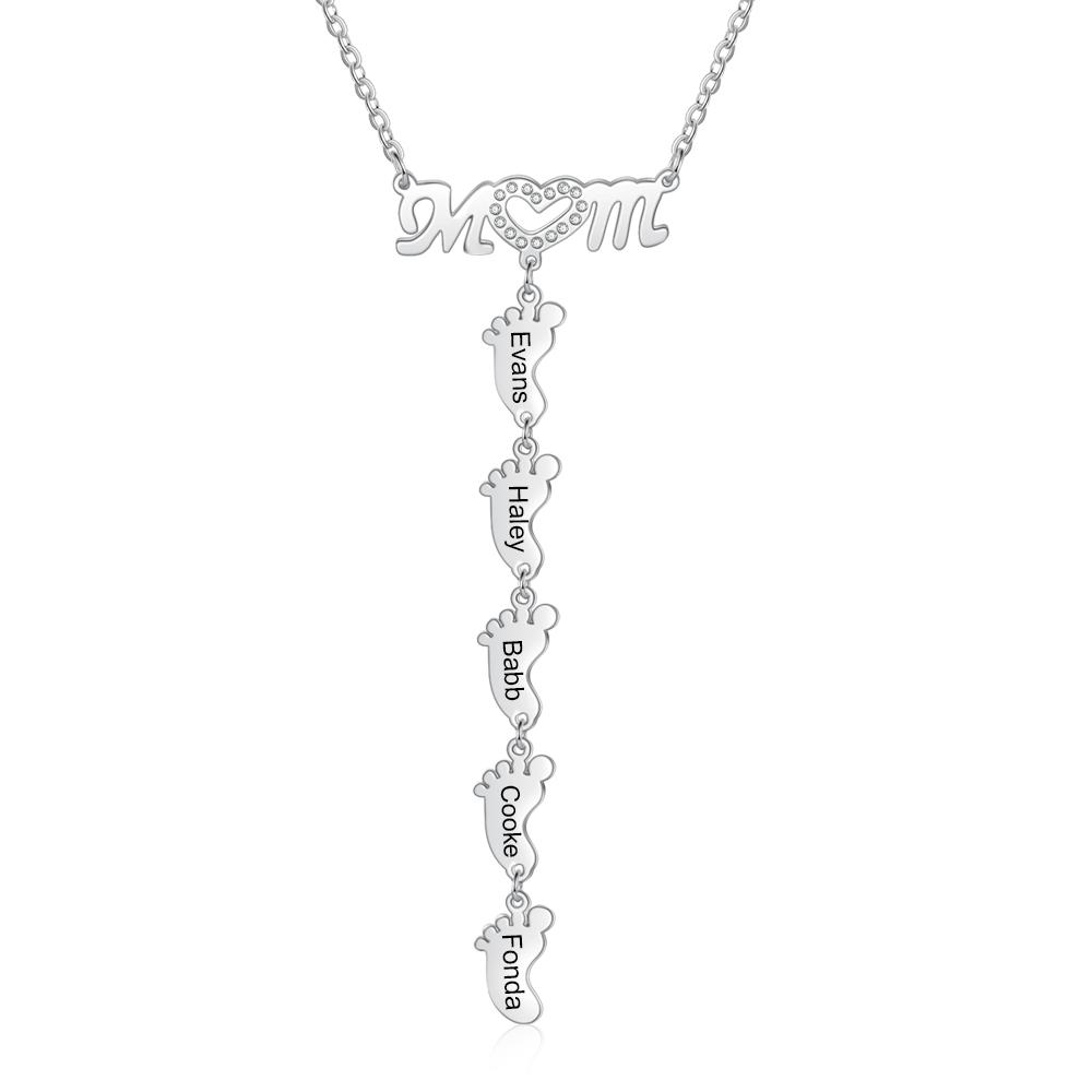 Mother Necklace with 5 Baby Feet Pendants Engraved 5 Names  Rose Gift Set