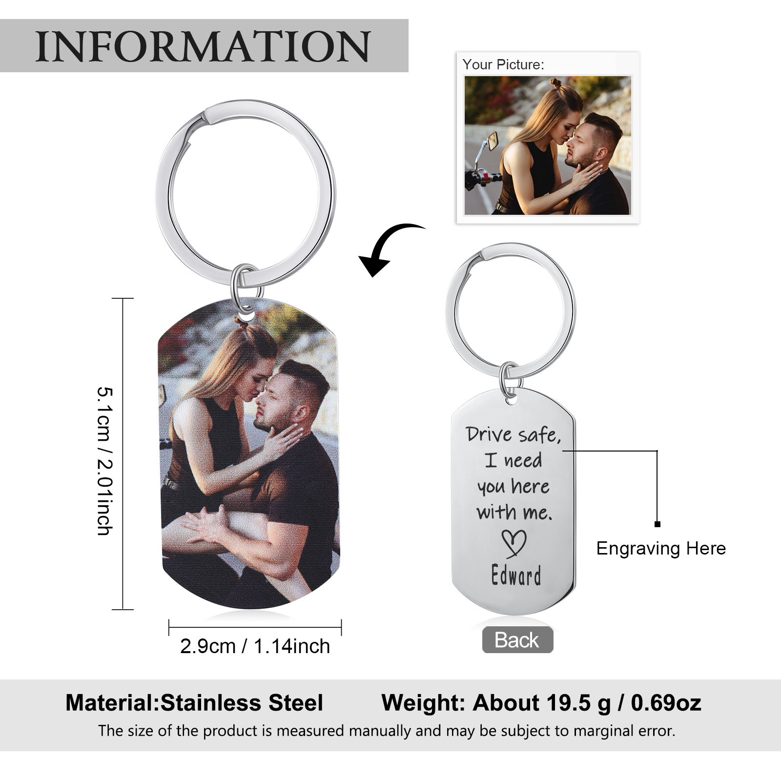 Personalised Photo Keychain with Name "Drive Safe I Need You Here with Me" for Couple-Jessemade AU