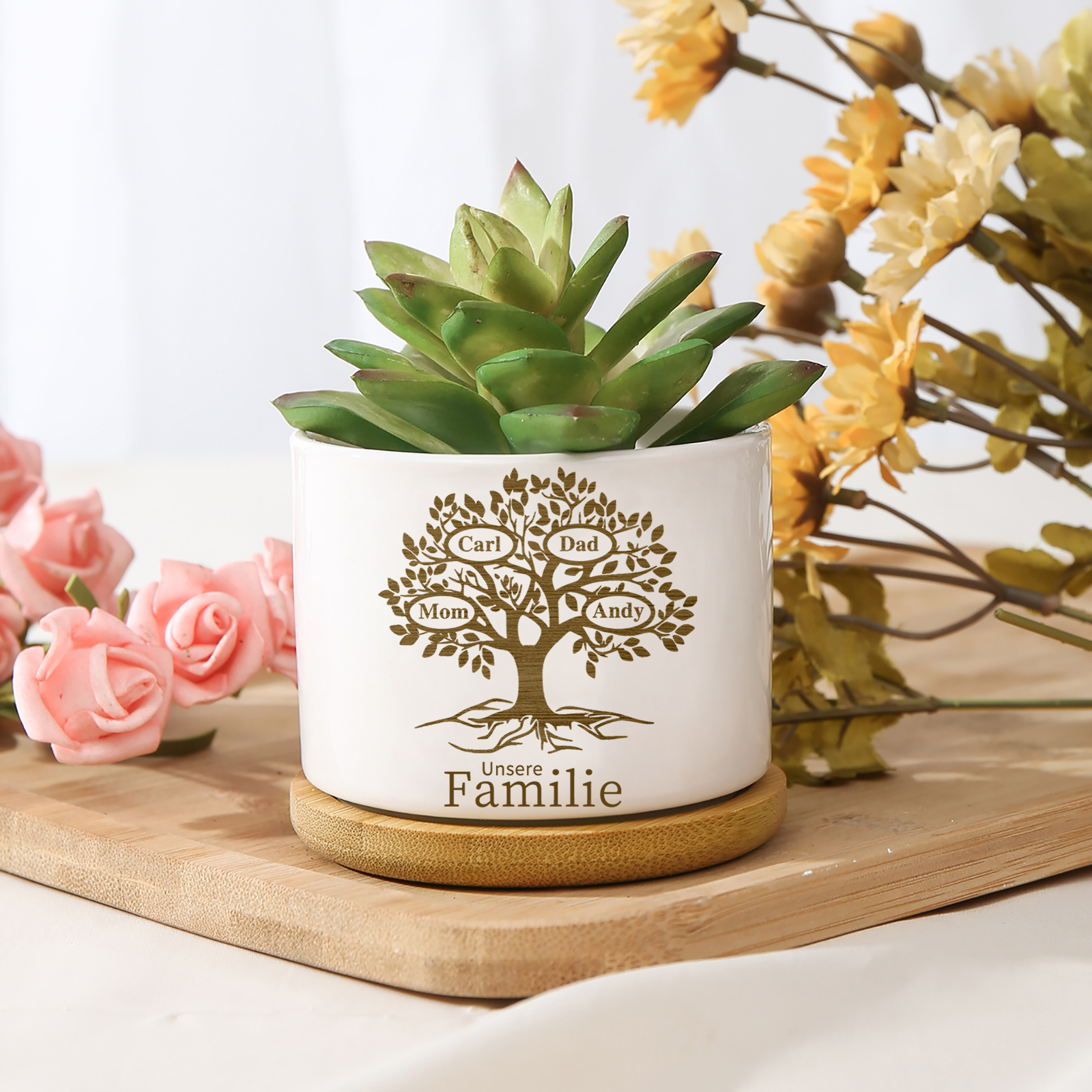 Personalised Ceramic Flowerpot with Wooden Base Custom 4 Names & 1 Text Family Tree Flowerpot Gift for Mum/Nan-Jessemade AU