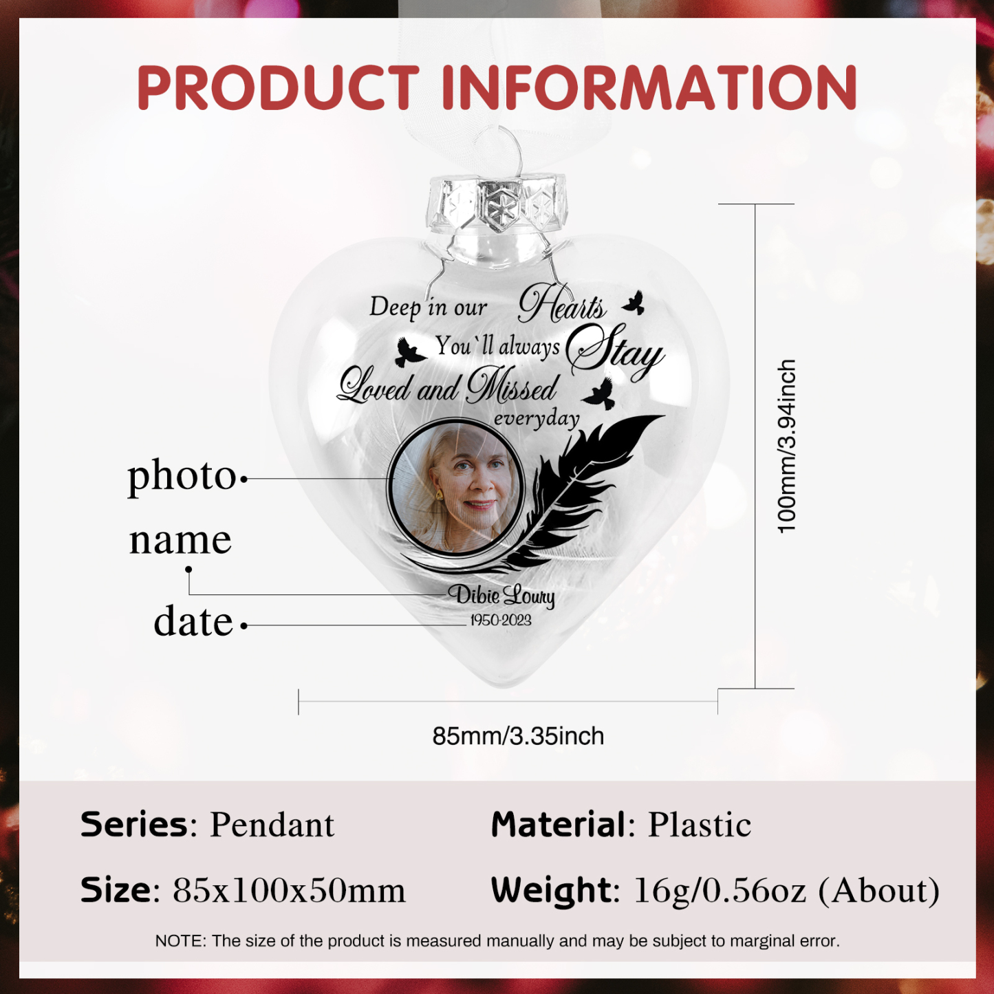 Heart-shaped Memorial Christmas Ornaments Custom Name & Date & Photo Feather Ornament Commemorate Deceased Loved Ones-Jessemade AU