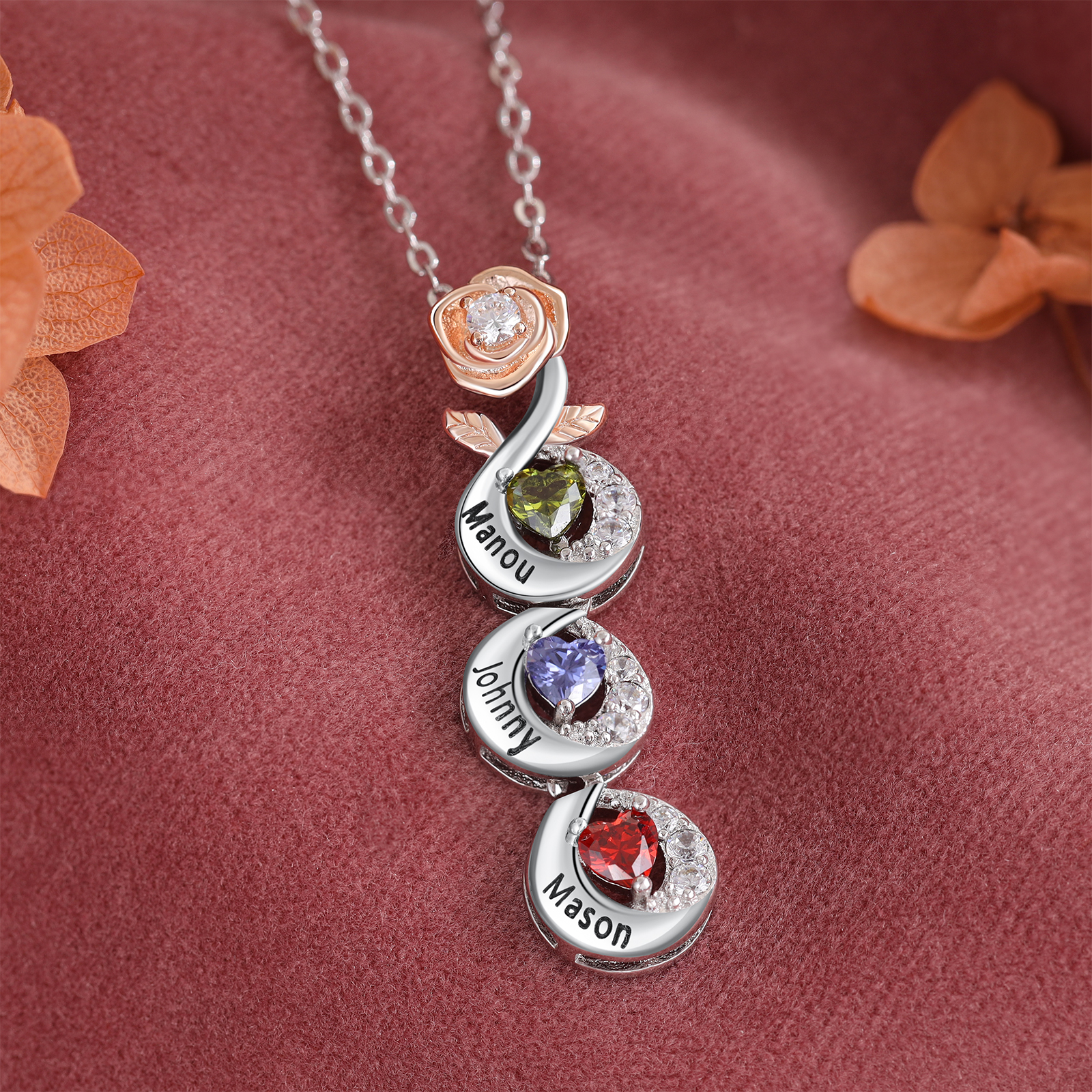 Custom Family Necklace Rose Pendant with 3 Birthstones Engraving 3 Names Gifts for Her-Jessemade AU