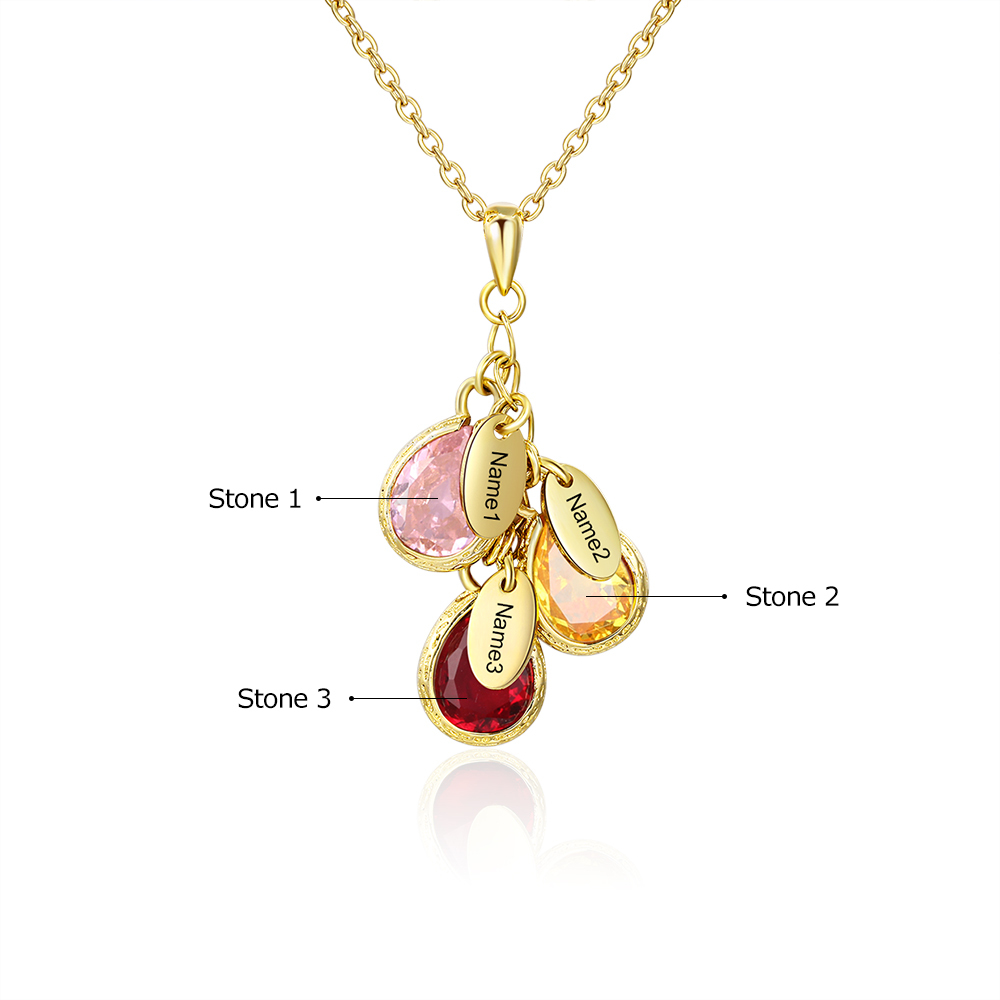 Personalised Leaf Necklace With 3 Birthstones Engraved Names Gift For Mother-Jessemade AU