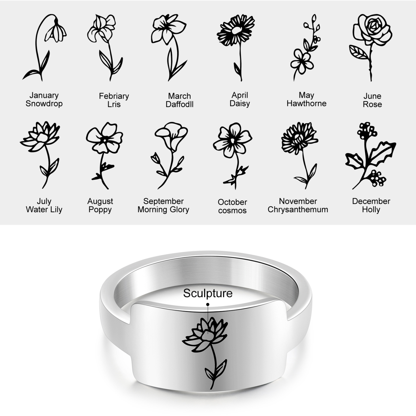 Personalised Birth Flower Ring Custom 2 Month Flowers Bar Ring Gift for Her-Jessemade AU