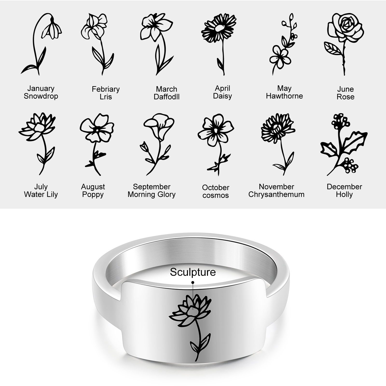 Personalised Birth Flower Ring Custom 2 Month Flowers Bar Ring Gift for Her-Jessemade AU