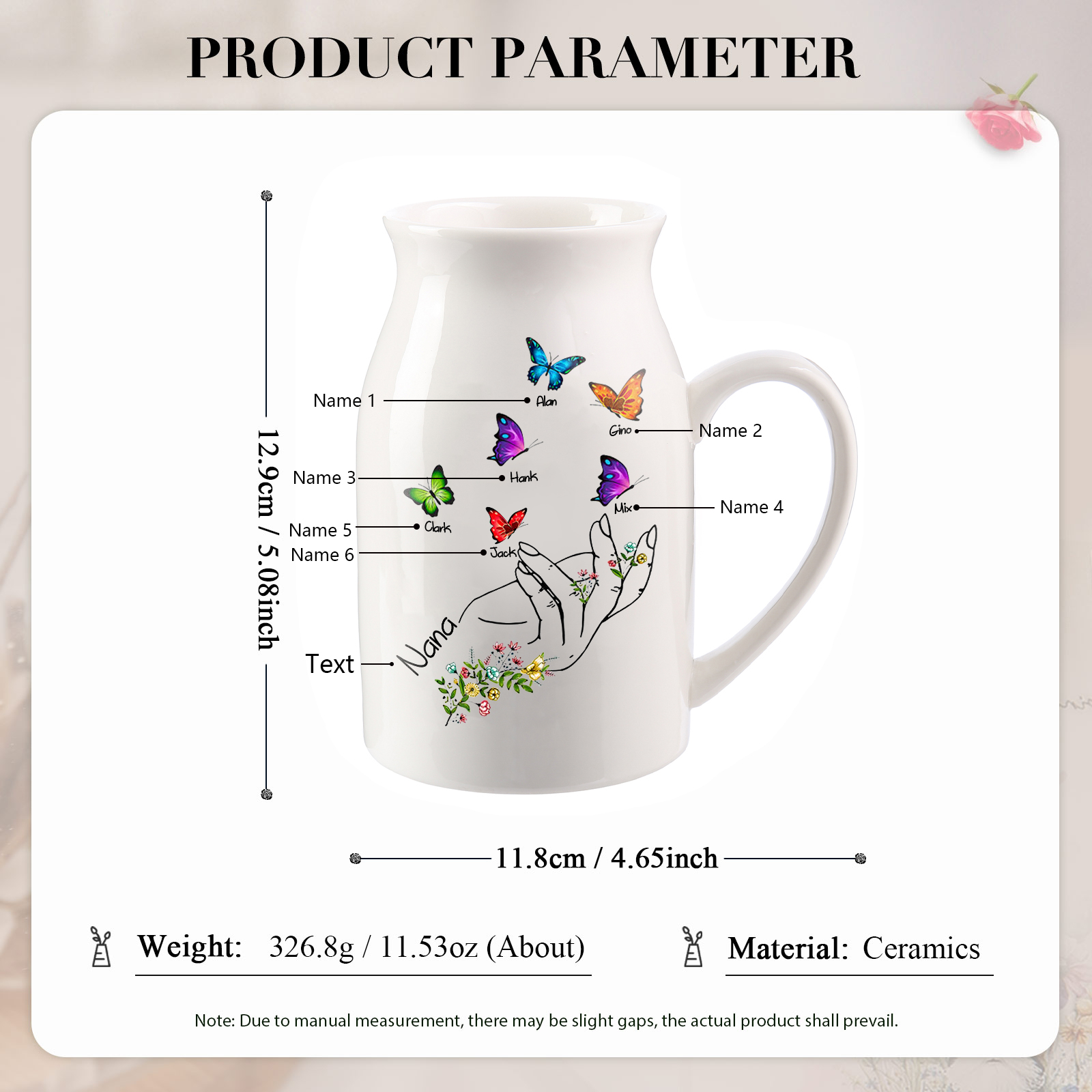 Personalised Ceramic Flower Vase Custom 2–8 Names & 1 Text Butterfly In Hand Vase Gift for Mother/Grandma-Jessemade AU