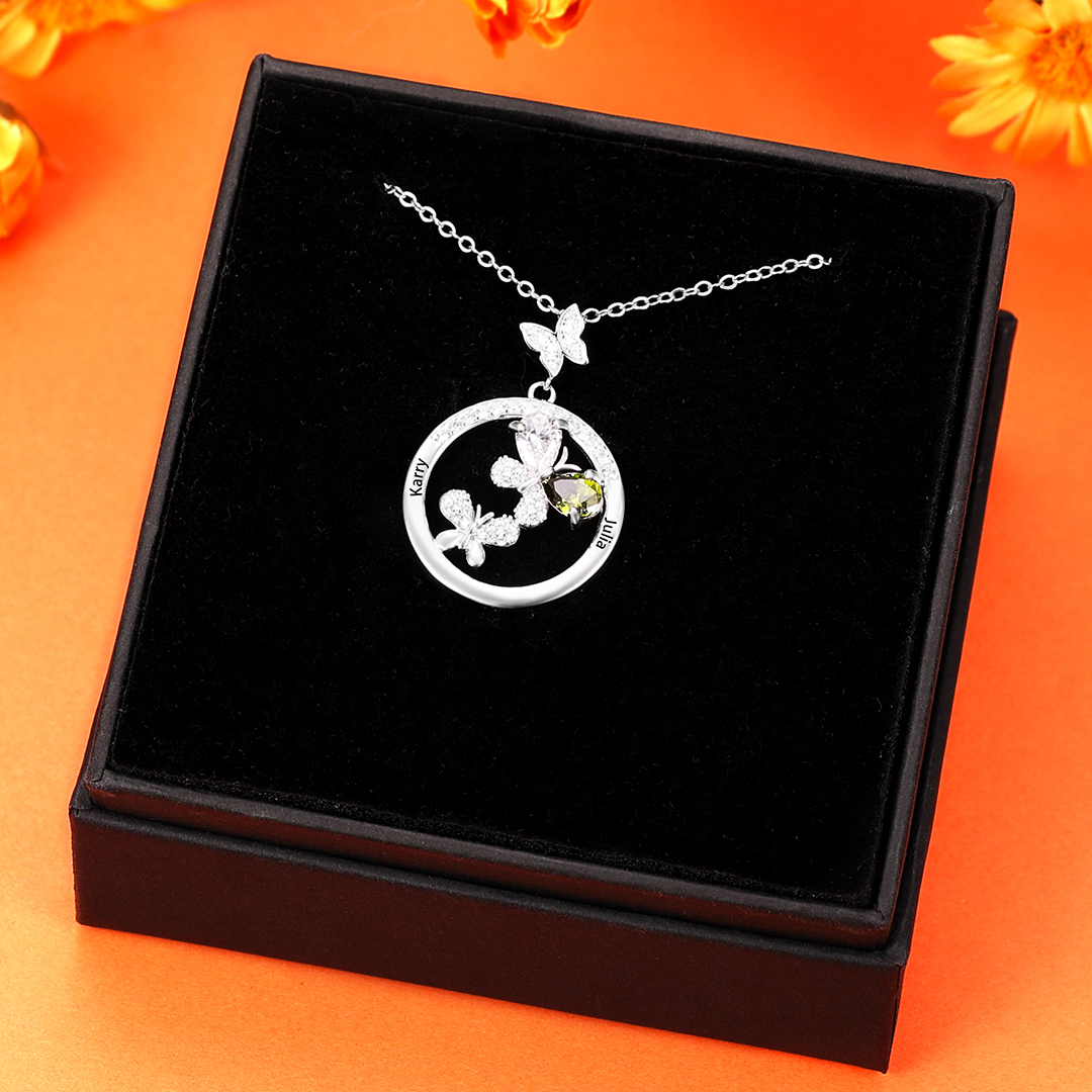 Personalised Butterfly Necklace With 2 Birthstones Custom Names Best Gift For Her-Jessemade AU