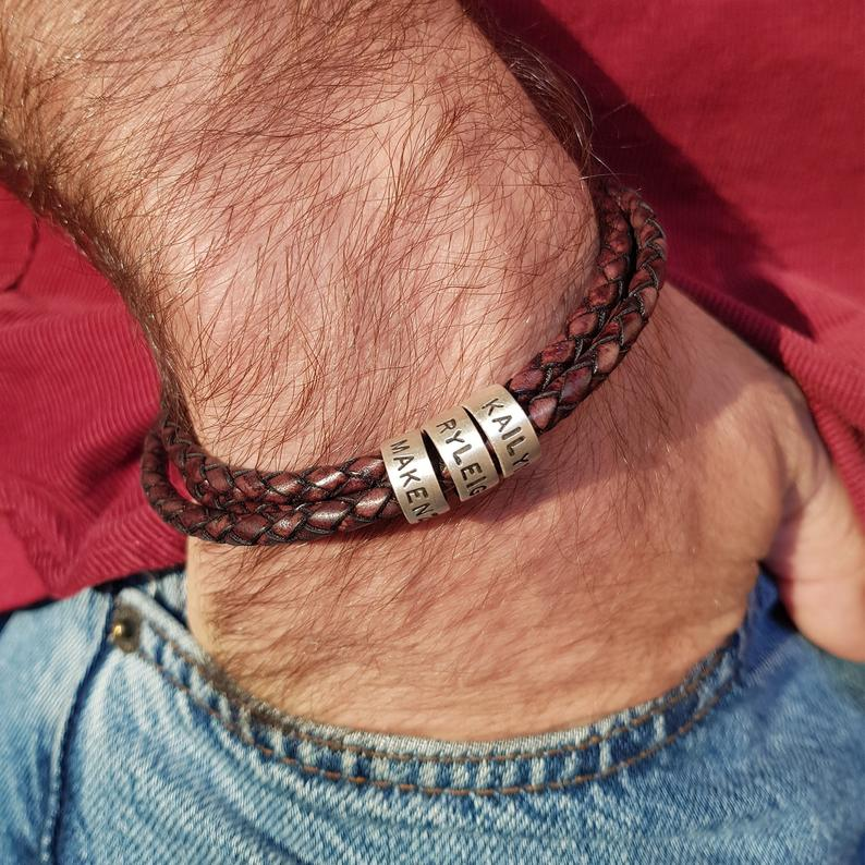 Leather Braided Bracelet Men Bracelets Personalised 2 Names 2 Beads Gift For Dad