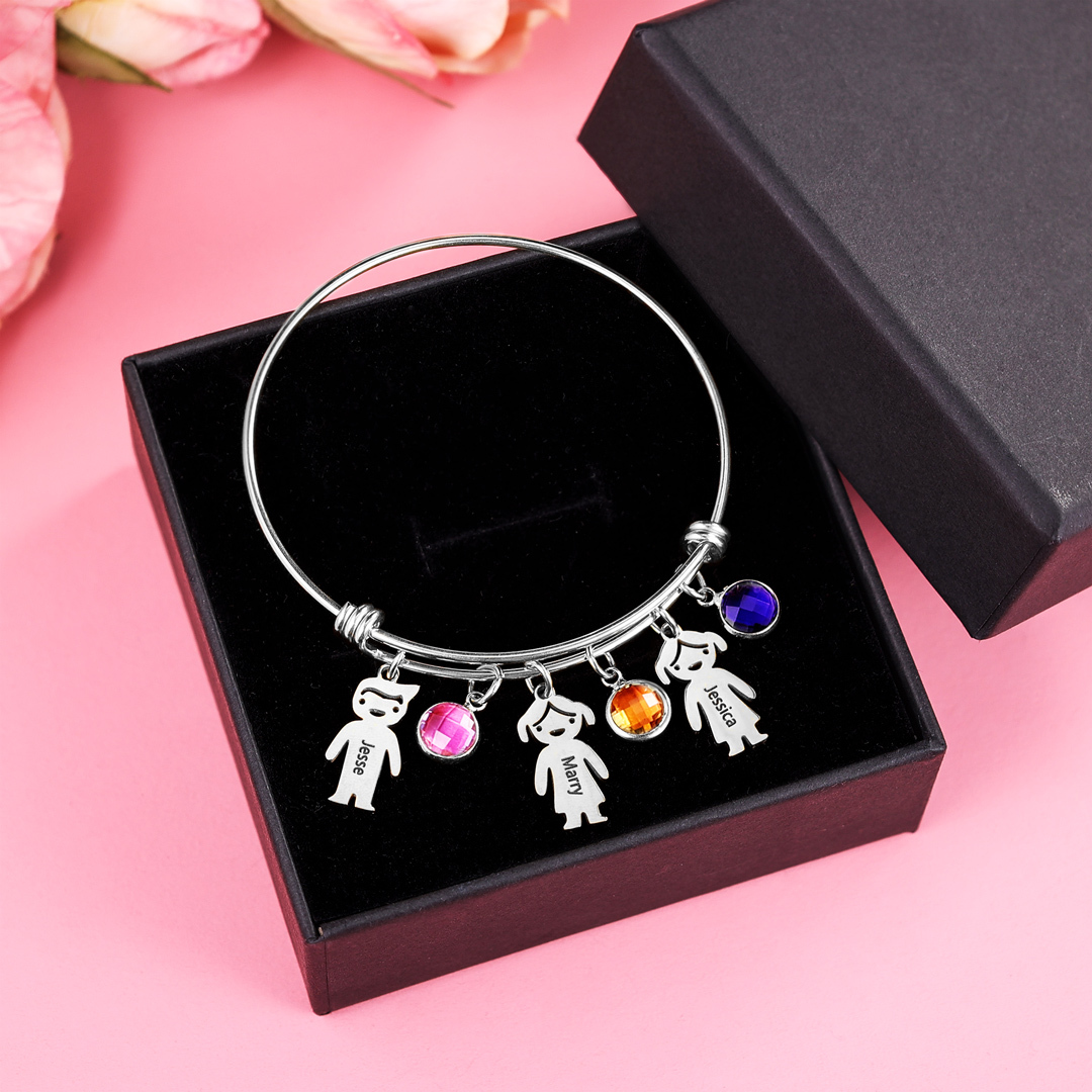 Personalised Kid Charms Bangle Bracelet With Names Customised 5 Birthstones Gift for Her-Jessemade AU