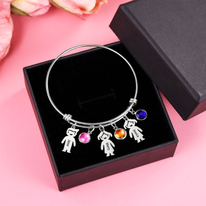 Personalised Kid Charms Bangle Bracelet With Names Customised 5 Birthstones Gift for Her-Jessemade AU