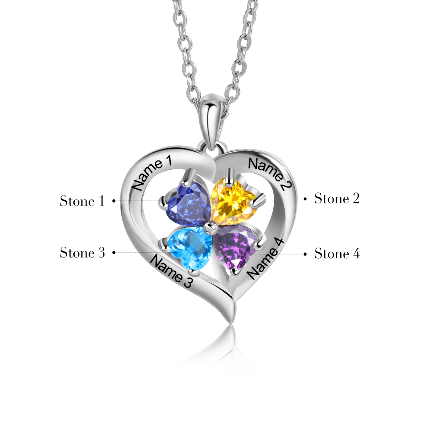 Personalised Heart Necklace with 4 Birthstones Engrave Names Family Necklace for Mom-Jessemade AU