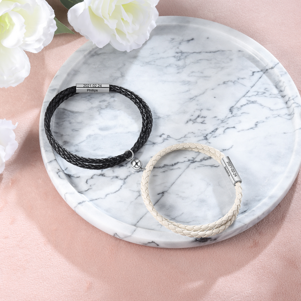 Leather Couple Magnetic Bracelet Personalised Names and Date Bracelet Set-Jessemade AU