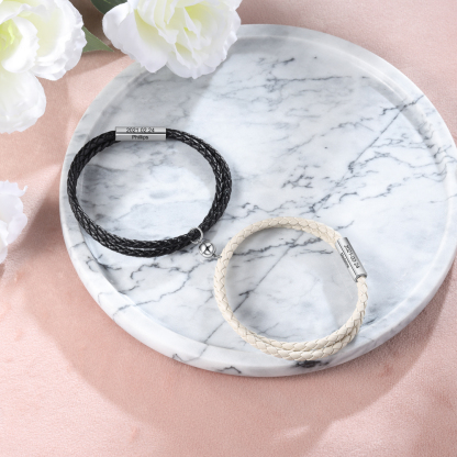 Leather Couple Magnetic Bracelet Personalised Names and Date Bracelet Set-Jessemade AU