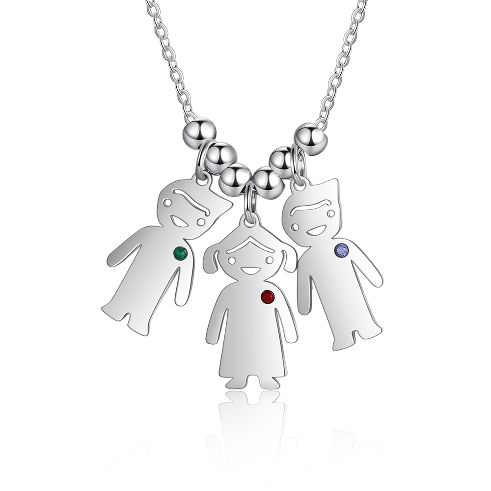 Personalised Kids Charm Necklace With 3 Birthstones Engraved Names Gift For Mother-Jessemade AU