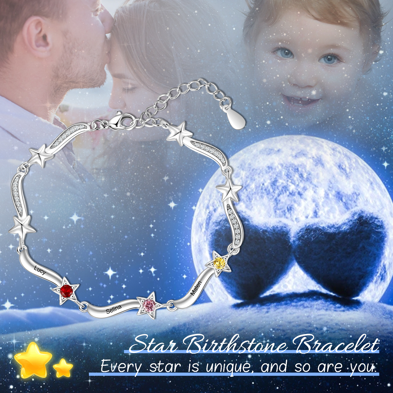 Personalised Star Bracelet With 3 Birthstones Custom Names Bracelet Gift For Women-Jessemade AU