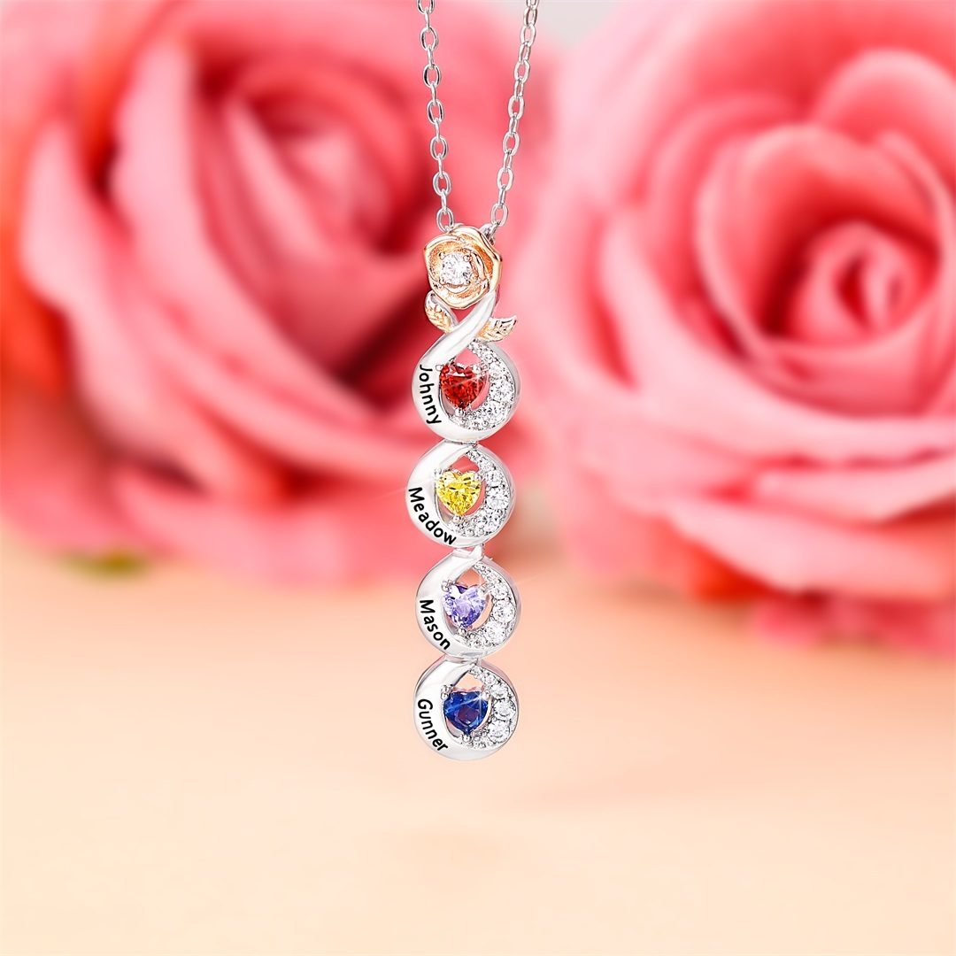 Custom Family Necklace Rose Pendant with 3 Birthstones Engraving 3 Names Gifts for Her-Jessemade AU