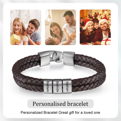 Brown Personalised Double Layered Braided Leather Bracelet Engraved 3 Names Mens Bracelet for Him-Jessemade AU