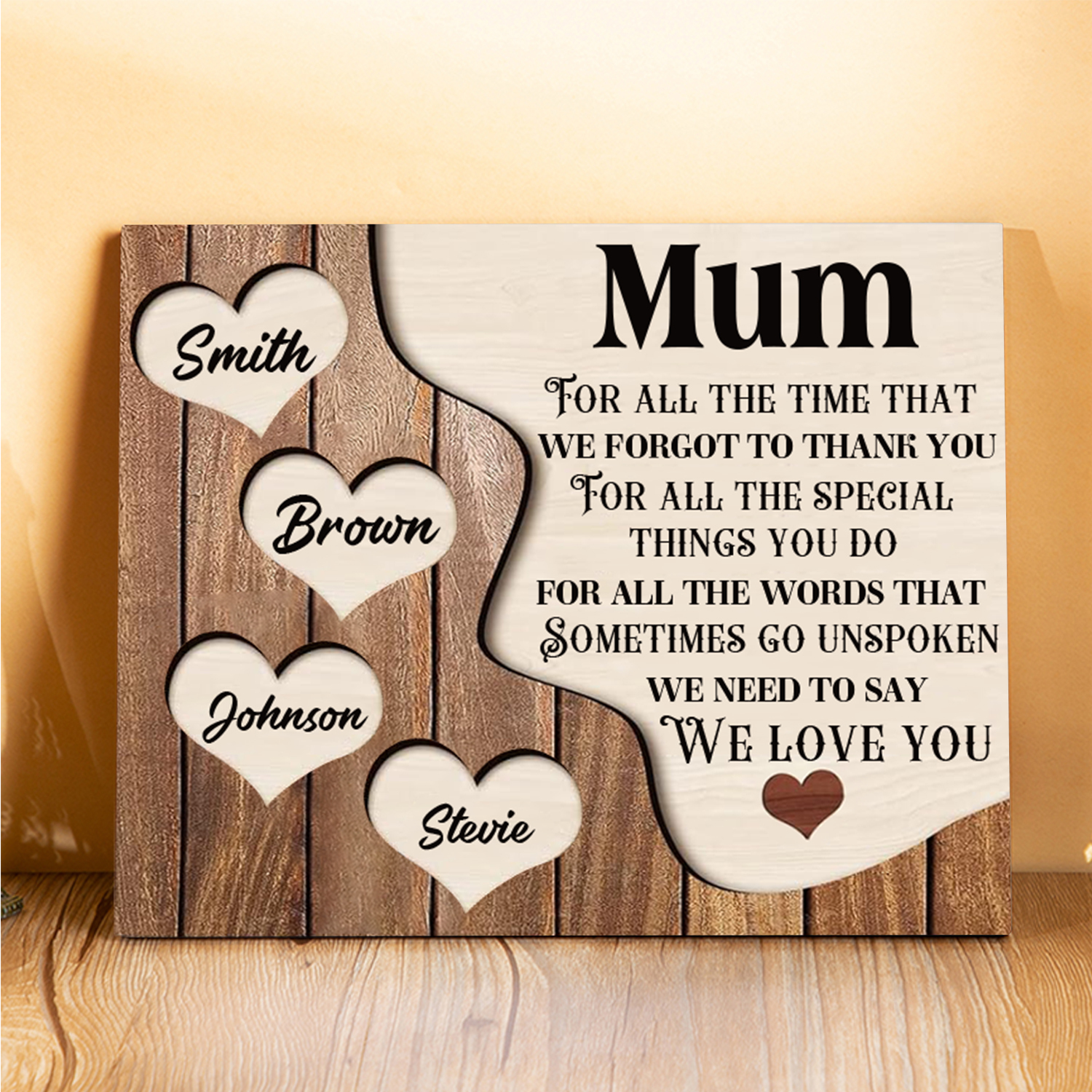 4 Names - Personalised Mum Wooden Plaque Custom Names Home Decoration Hearts Gift for Mother-Jessemade AU