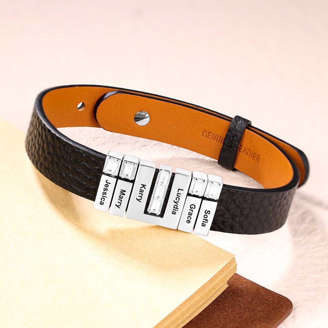 Customised Leather Bracelet with Beads Engraved 5 Names Bangle for Him-Jessemade AU