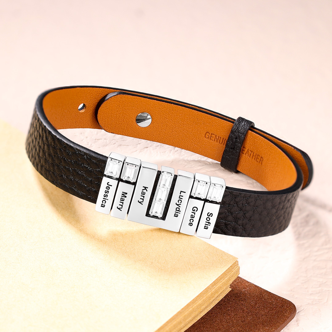 Customised Leather Bracelet with Beads Engraved 5 Names Bangle for Him-Jessemade AU
